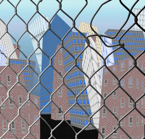 超現実的な都市 金属グリッドフェンスの後ろのカラフルな家 — ストック写真