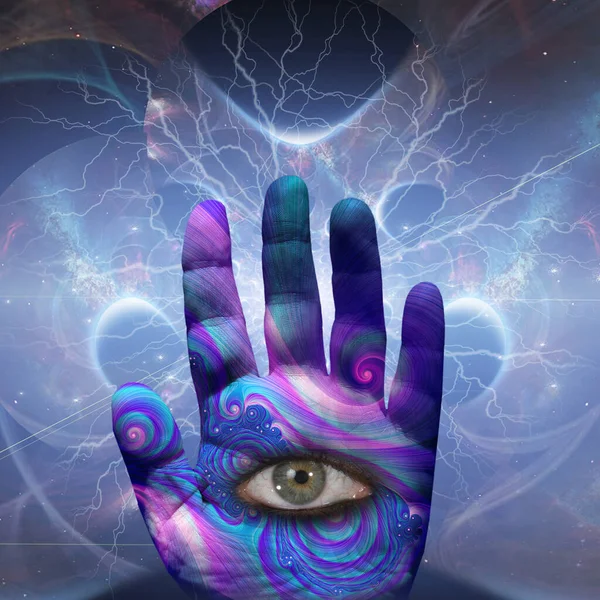 超现实的构图眼睛在人类的手掌 3D渲染 — 图库照片