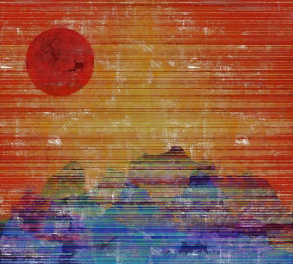 近代絵画 山の上の赤い夕日 — ストック写真