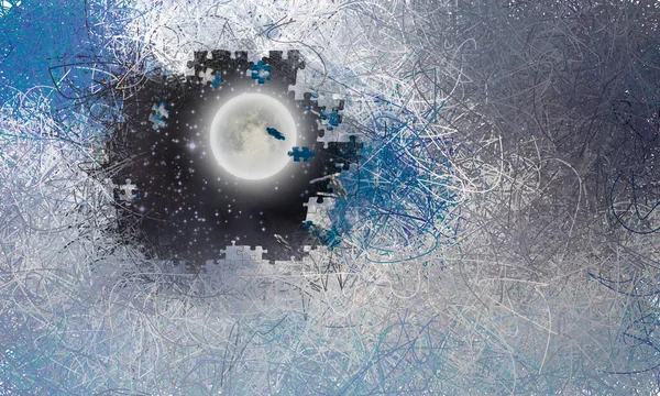 Pusselbiten Dagtid Himlen Avslöjar Natthimmel Med Månen — Stockfoto