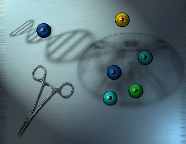 Genetic medicine. DNA strand and colorful eye balls