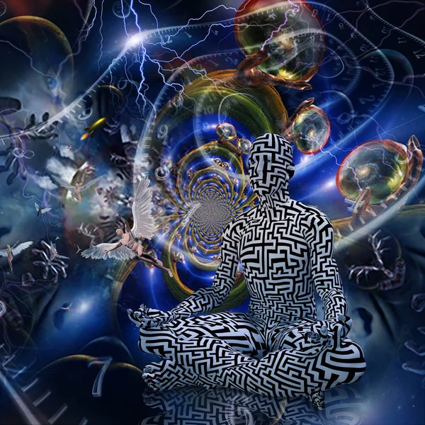 Lotus pozu veren adam. Canlı boşluk arkaplanı