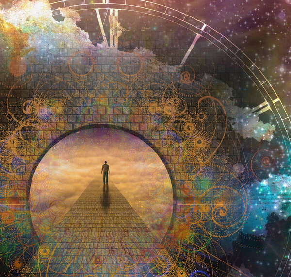 Man on path and doorway with aged clock