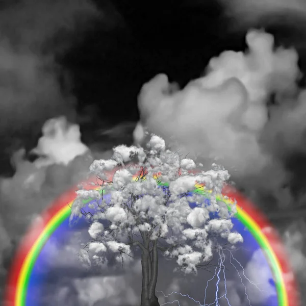 Naturaleza Surrealista Árbol Nubes Arco Iris Renderizado —  Fotos de Stock