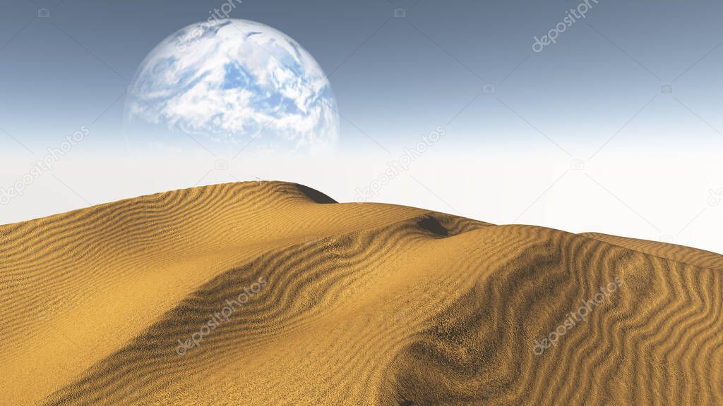 Amber Sand Desert with Terraformed Moon or earth from terraformed moon or exoplanet