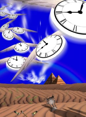 Gerçeküstü çölde kanatlı saatler. 3B görüntüleme