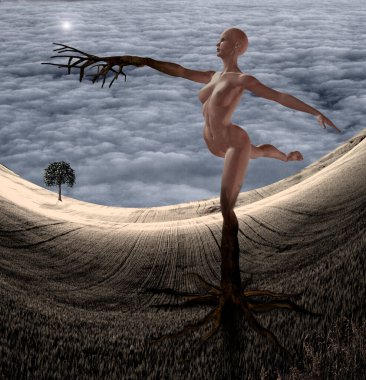 Gerçeküstü kompozisyon. Dans pozunda baline dryad. 3B görüntüleme