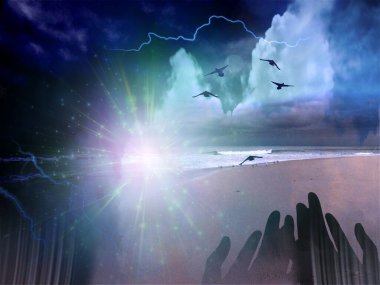 Ruhani kompozisyon. Kuşlar okyanus kıyısının üzerinde uçar. Dua eden eller. 3B görüntüleme