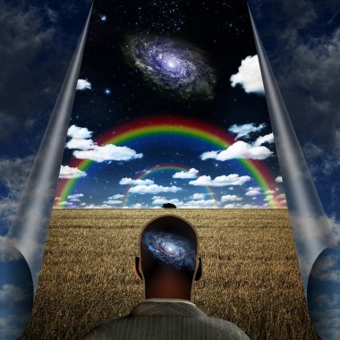 Aklında galaksi olan bir adam. 3B görüntüleme