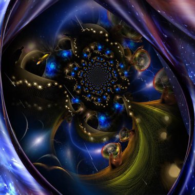 Kristal kürelerin içindeki çoklu evren devin ellerinde. 3B görüntüleme