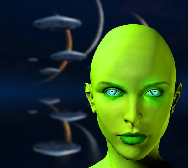 Flying Saucers Three Planets Woman Alien — Stock Photo, Image