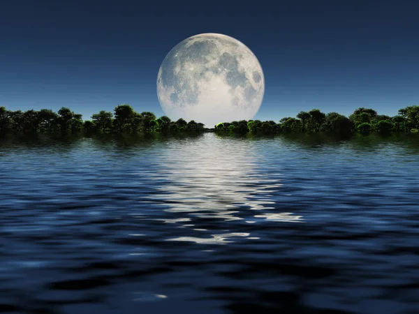 Kuu Yli Vihreän Maiseman Renderointi — kuvapankkivalokuva