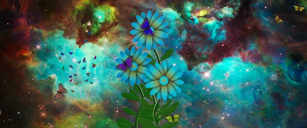 Μπλε Λουλούδια Και Πεταλούδες Στο Διάστημα — Φωτογραφία Αρχείου