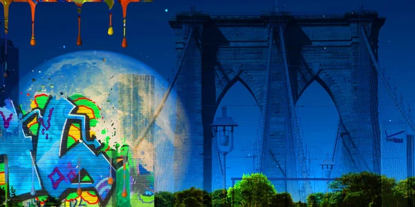 Surrealistyczna Sztuka Cyfrowa Most Brooklyński Nowojorskim Krajobrazie Gigantyczny Księżyc Kawałki — Zdjęcie stockowe