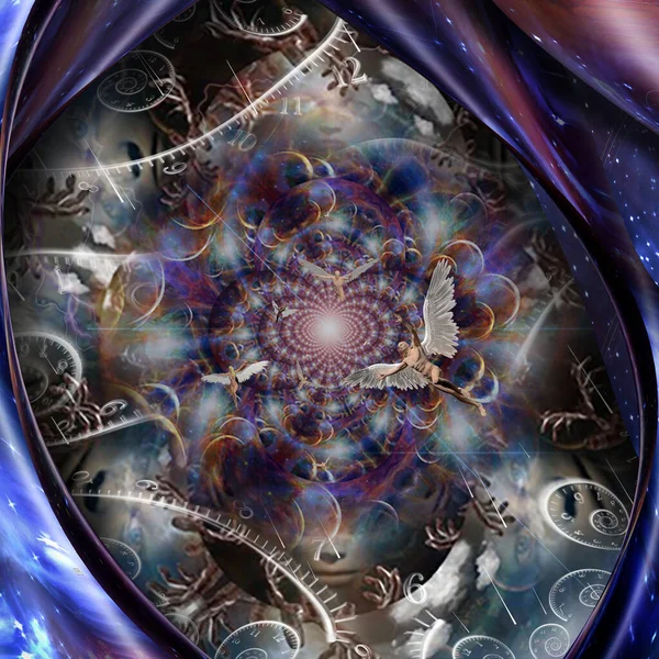 Composición Simbólica Partícula Dios Ángel Espirales Del Tiempo Renderizado —  Fotos de Stock