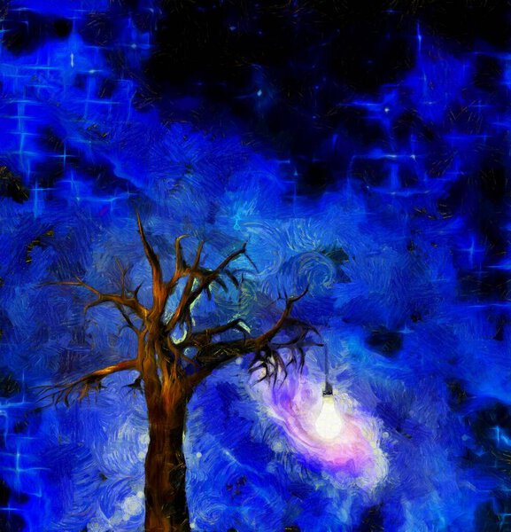 Tree with hanging light bulb and galaxy in the space. 3D rendering