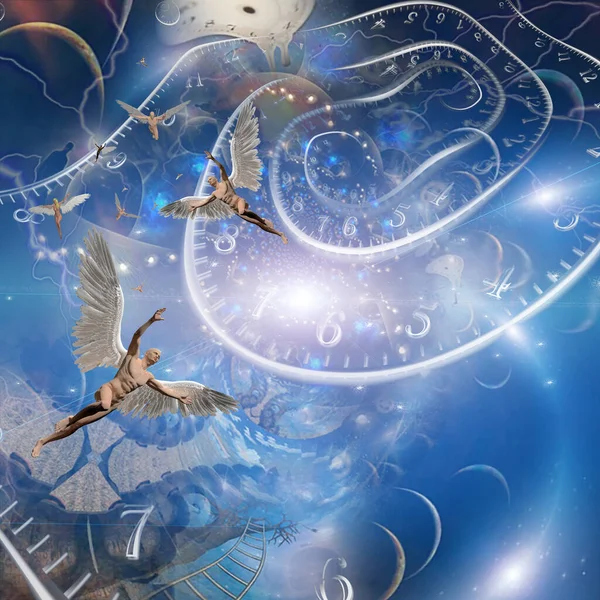 Symbolic Composition Particle God Angel Time Spirals Rendering — Stock Photo, Image