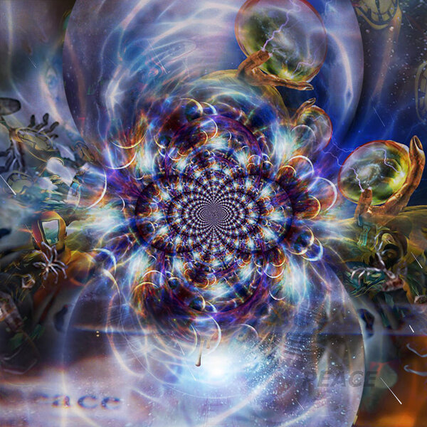 Multiverse fractal. Universes inside glass spheres. Time spirals
