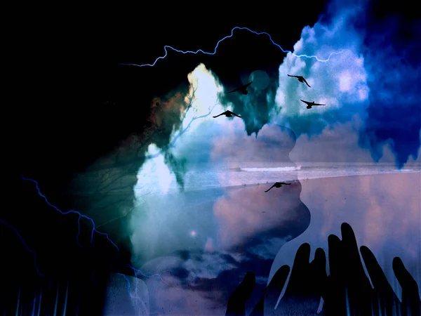 精神作曲 鸟儿在海岸上方飞翔 祈祷的手 3D渲染 — 图库照片