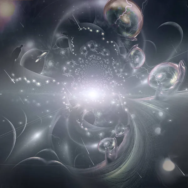 Multi Universo Dentro Esferas Cristal Manos Gigantes Renderizado —  Fotos de Stock