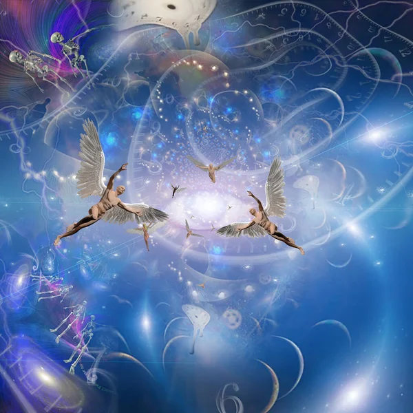 永遠の空間だ 時間の螺旋と天使との超現実的な組成 3Dレンダリング — ストック写真
