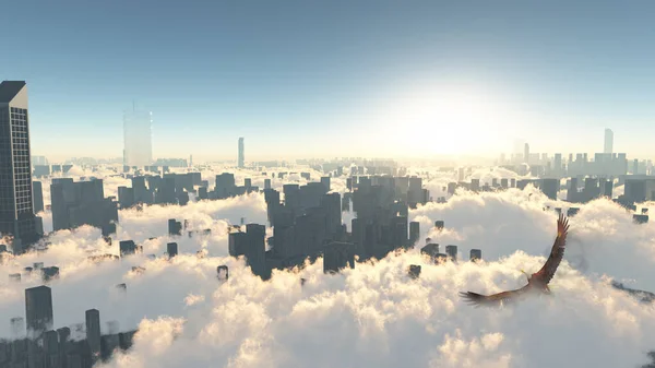 Buildings Clouds Bird — 图库照片