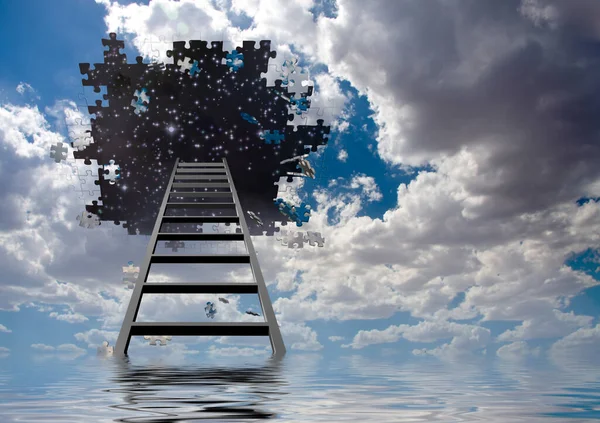 Puzzle Piece Hole Sky Falling Pieces Ladder — Stock Photo, Image