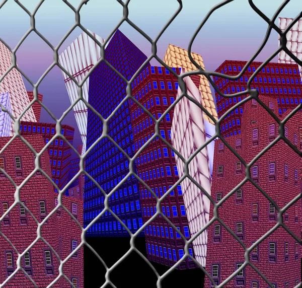 超現実的な都市 金属グリッドフェンスの後ろのカラフルな家 — ストック写真