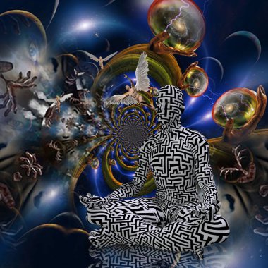 Lotus pozu veren adam. Canlı boşluk arkaplanı