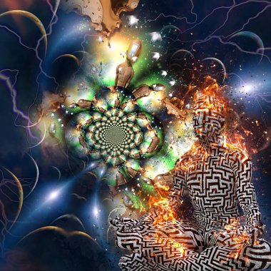 Lotus 'taki adam gerçeküstü bir sahnede meditasyon yapıyor. 3B görüntüleme