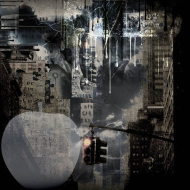 Beyaz elma. Modern şehir grunge sanatı. 3B görüntüleme