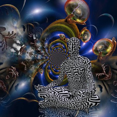 Lotus pozu veren adam. Canlı boşluk arkaplanı