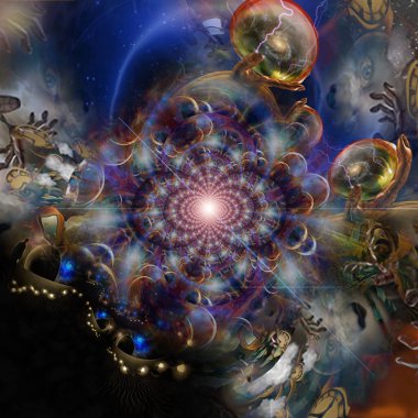 Çoklu fraktal. Cam kürelerin içindeki evrenler. Zaman spiralleri