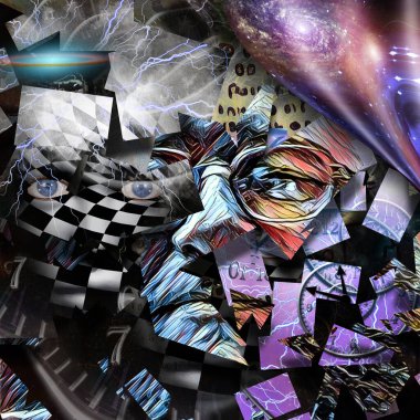 Soyut elementlerle gerçeküstü bir sahne. 3B görüntüleme