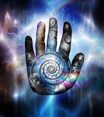 Makine Tanrısı. İnsan palmiyesi ve dişli çarkları. 3B görüntüleme