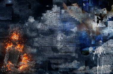 Soyut bulutlar. Kelimeler. Lotus pozunda yanan adam. Derisindeki labirent deseni. İskelet ölümü temsil eder..