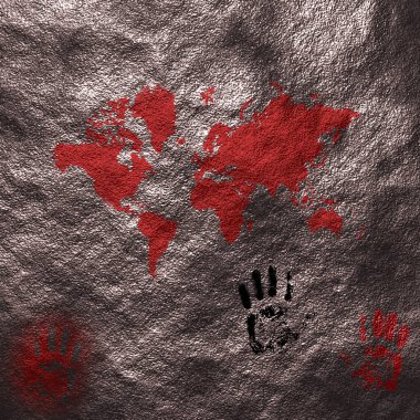 Dünya haritası ve avuç içi izleri. 3B görüntüleme