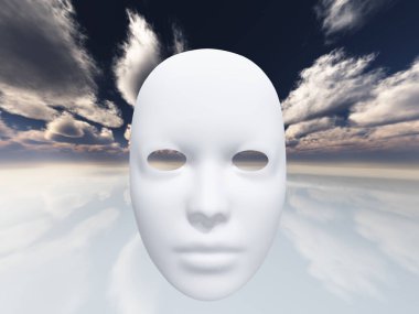 Gerçeküstü yüz, gerçeküstü bir manzarada asılı duruyor.