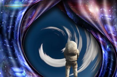 Sürrealizm. Bulut tüneli. Çarpık uzay. Astronot.