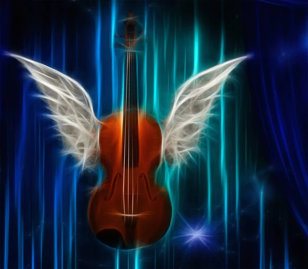 Violin White Wings Blue Curtains — Stock Photo, Image