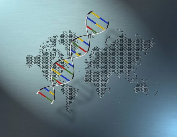 世界遗传 Dna链和世界地图 — 图库照片