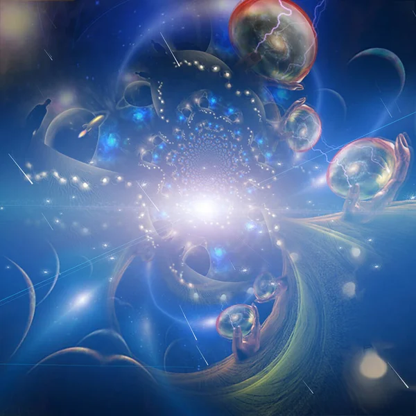Multi Universo Dentro Esferas Cristal Nas Mãos Dos Gigantes Renderização — Fotografia de Stock