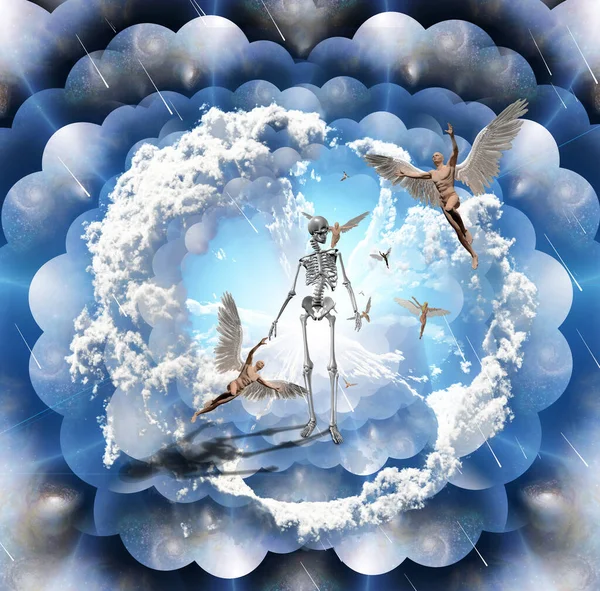 超现实主义 人体骨骼 光着翅膀的人代表天使 多层空间 — 图库照片