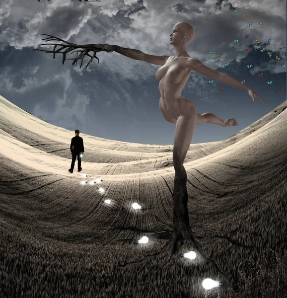 Surreal Composition Ballerine Dryad Dance Pose Rendering — Stock Photo, Image