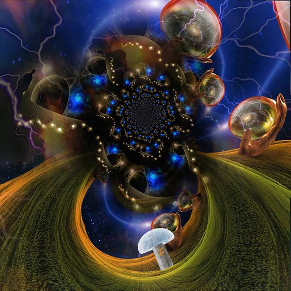 巨大な手の中の結晶球の中のマルチ宇宙 3Dレンダリング — ストック写真