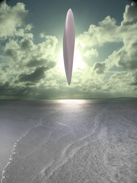 Ufo Schwebt Über Meeresoberfläche Verursacht Ebbe Wolken Himmel Rendering — Stockfoto