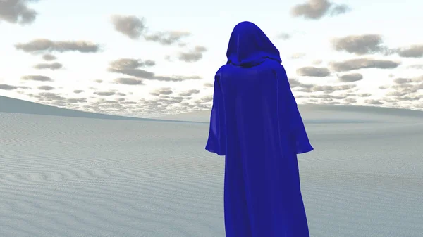 Blue Cloaked Figure Empty Desert — Photo