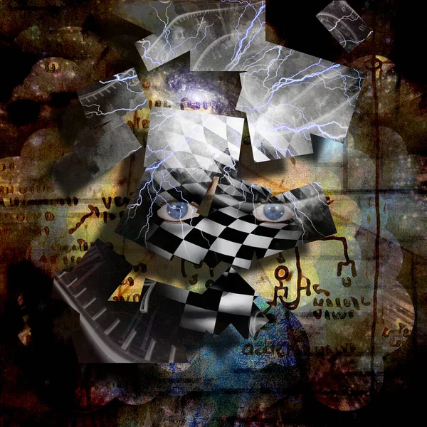 Surrealismus Tvář Šachovnicovým Vzorem Spirály Času Blesku — Stock fotografie