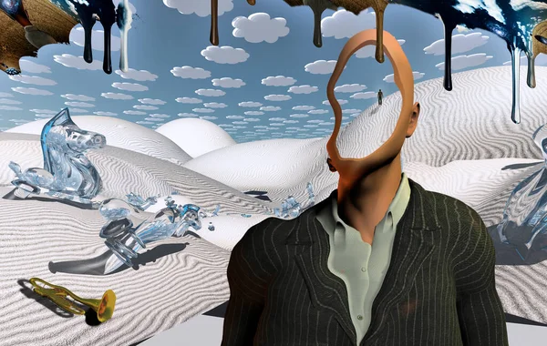 Surrealistisk Öken Med Schackfigurer Och Trumpet Ansiktslös Man Kostym Människokännare — Stockfoto