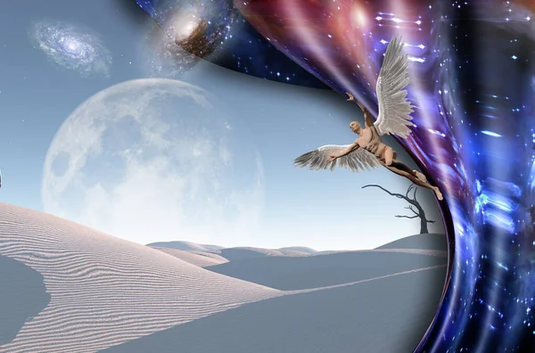 Surreal White Desert Dry Tree Galaxies Big Moon Horizon Naked — Stock Photo, Image